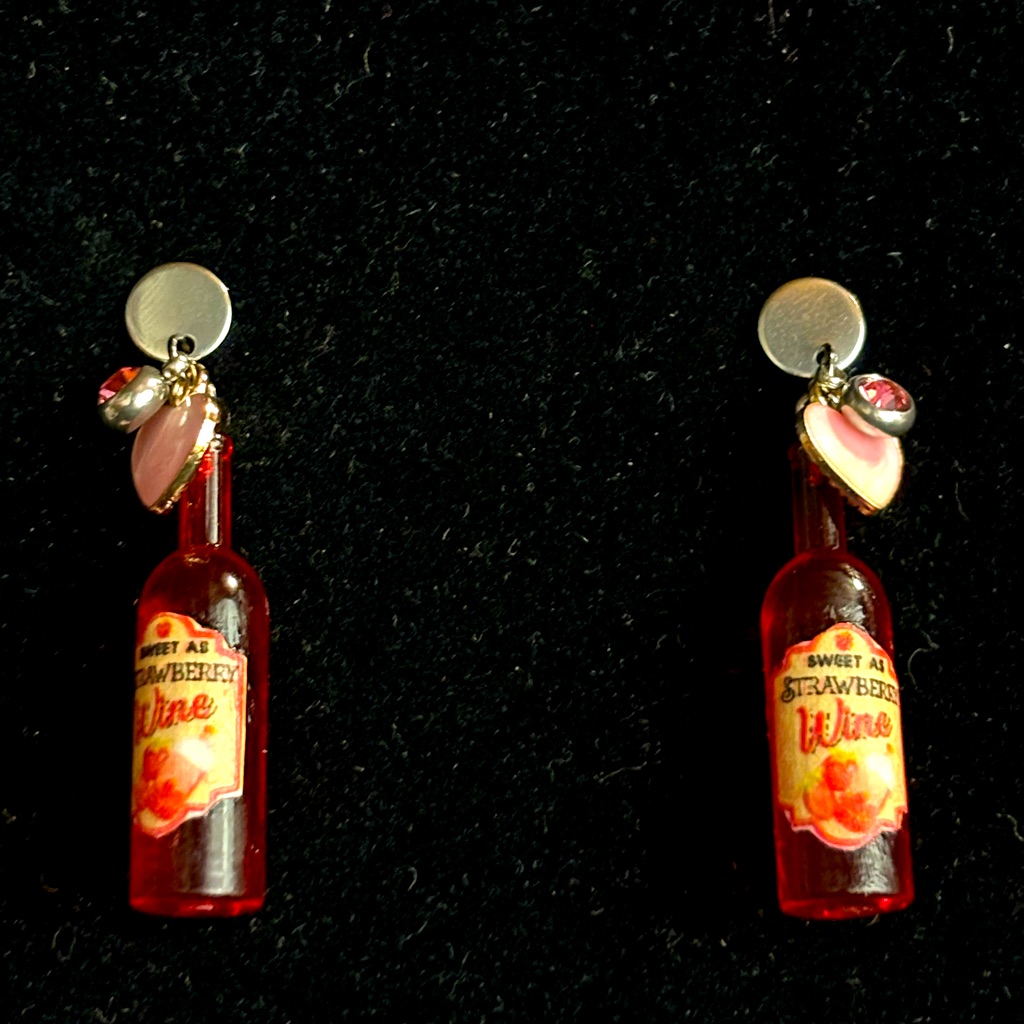 Strawberry Wine Mini Bottle Earrings, Wine Alcohol Earrings, Bartender J